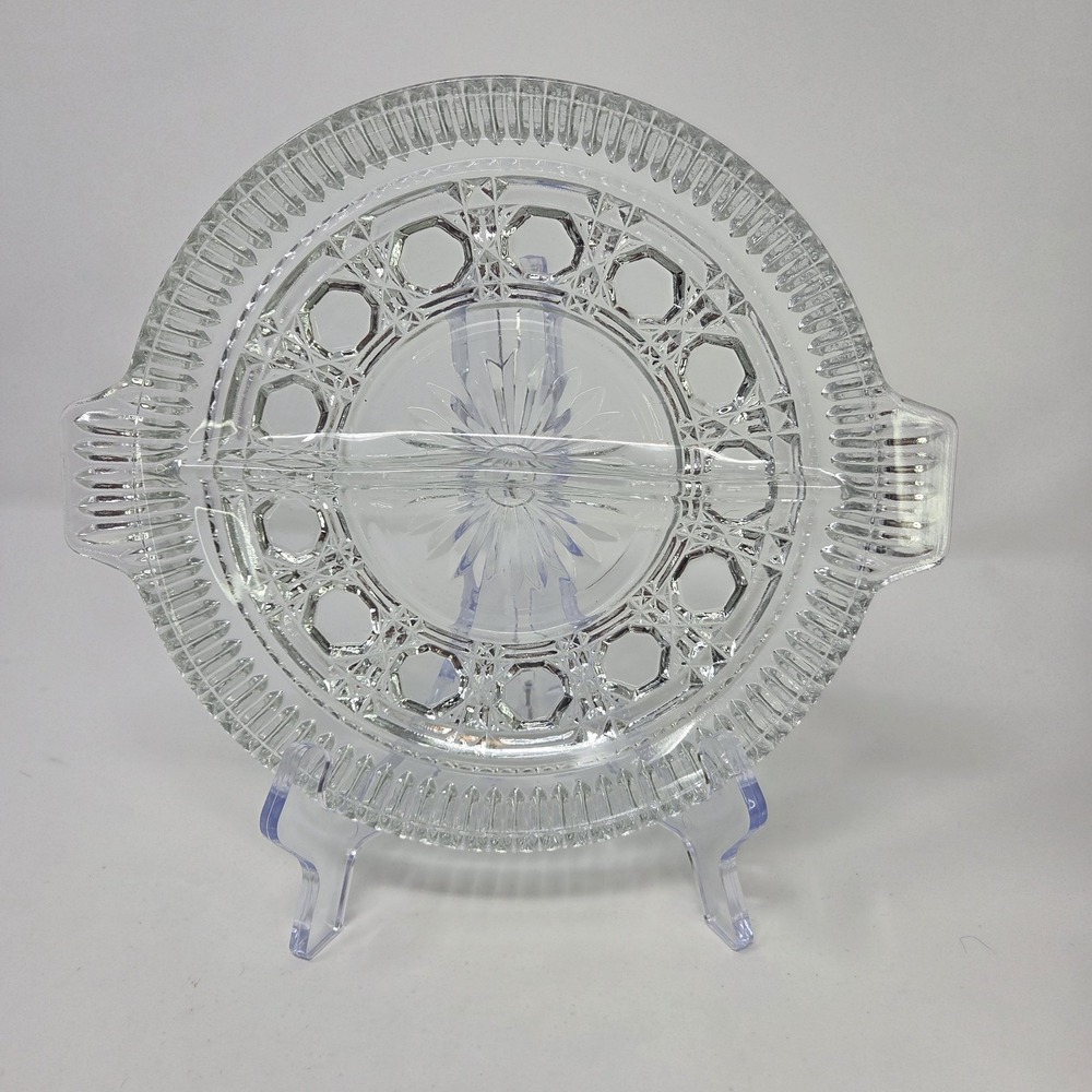 Indiana Glass Divided Relish Dish Blue Windsor Tab Handles Pressed Glass Vintage